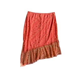 VTG asymmetrical peach pink floral‎ silky semi sheer mesh mini skirt M